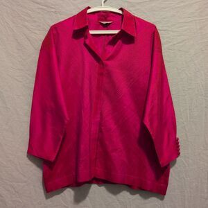 Thai Silk Blouse Size XL Fuschia Decorative Stitching Covered Buttons W/loop